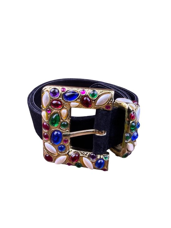 Express Womens Black Leather Belt Gold Jeweled Buckle Sz M main image 7